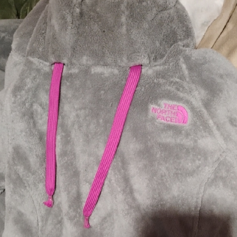 The North Face Plush Gray Hoodie with Pink Details
